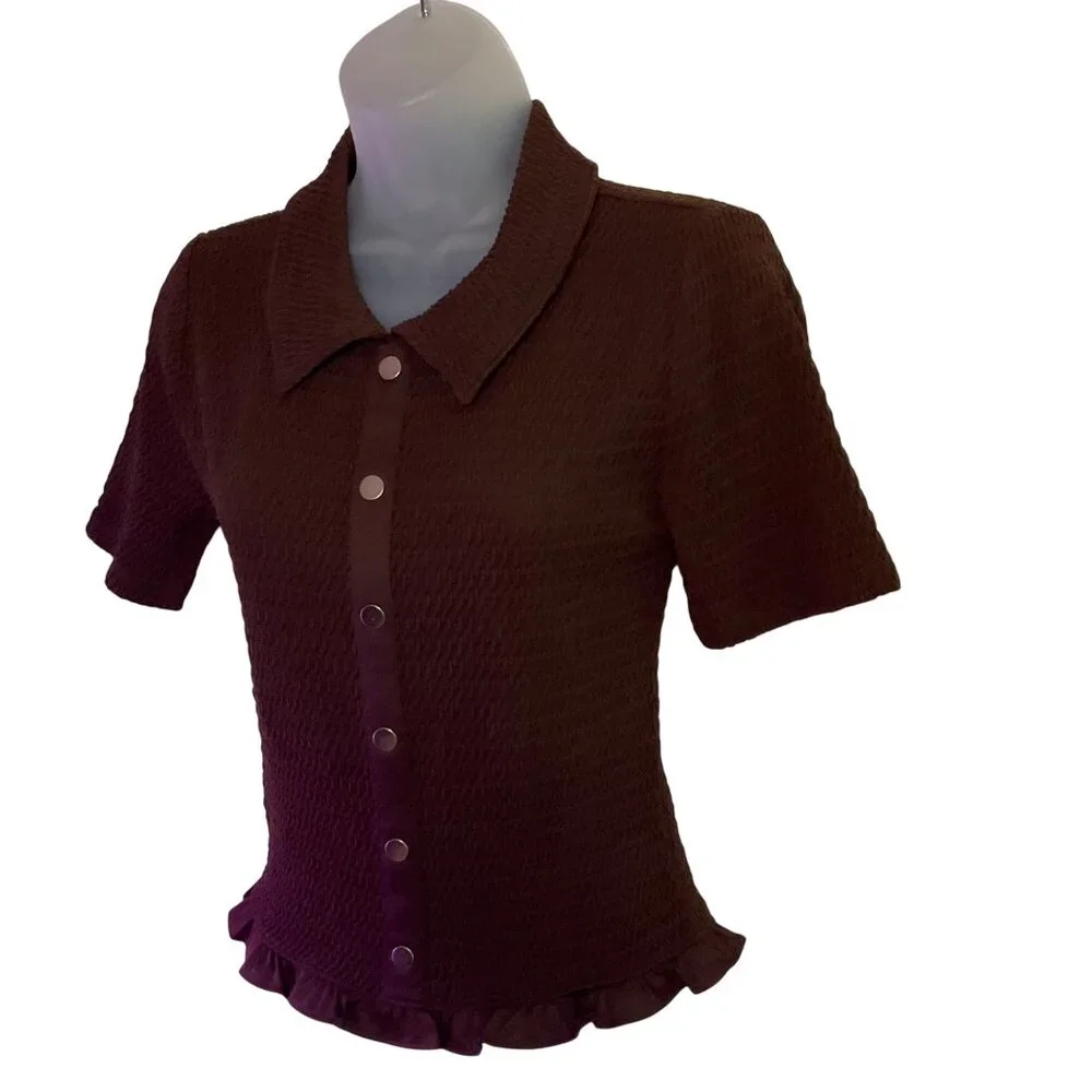 Loft Brown Ruched Top Ruffle Hem Short Sleeve Collar Womens Small neutral - Picture 3 of 7